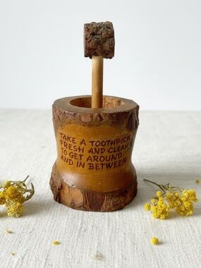 Vintage 1950s Live Edge Motto Verse Toothpick Holder